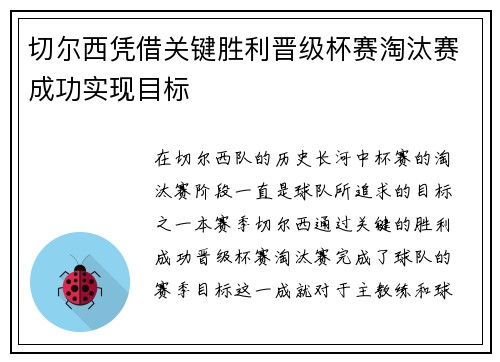 切尔西凭借关键胜利晋级杯赛淘汰赛成功实现目标